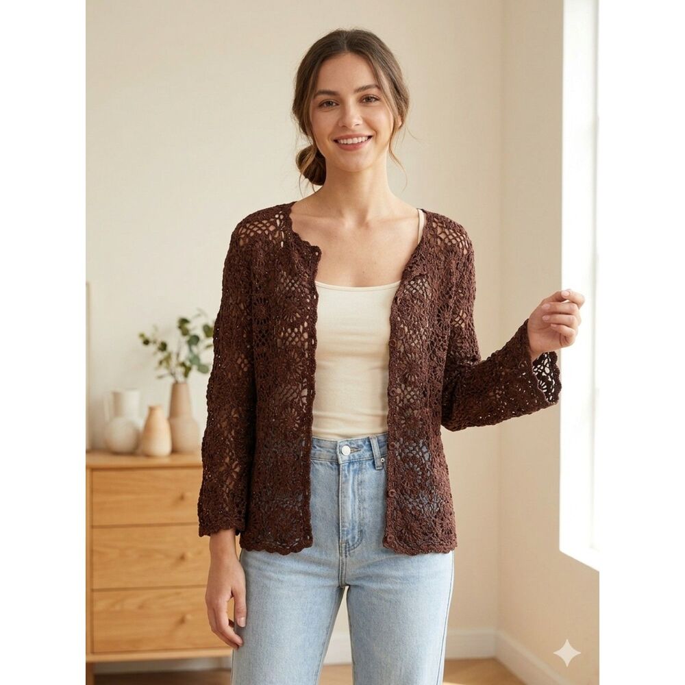 Vintage Y2K Chocolate Brown Floral Crochet Cardigan Open Knit Sweater Shrug OS